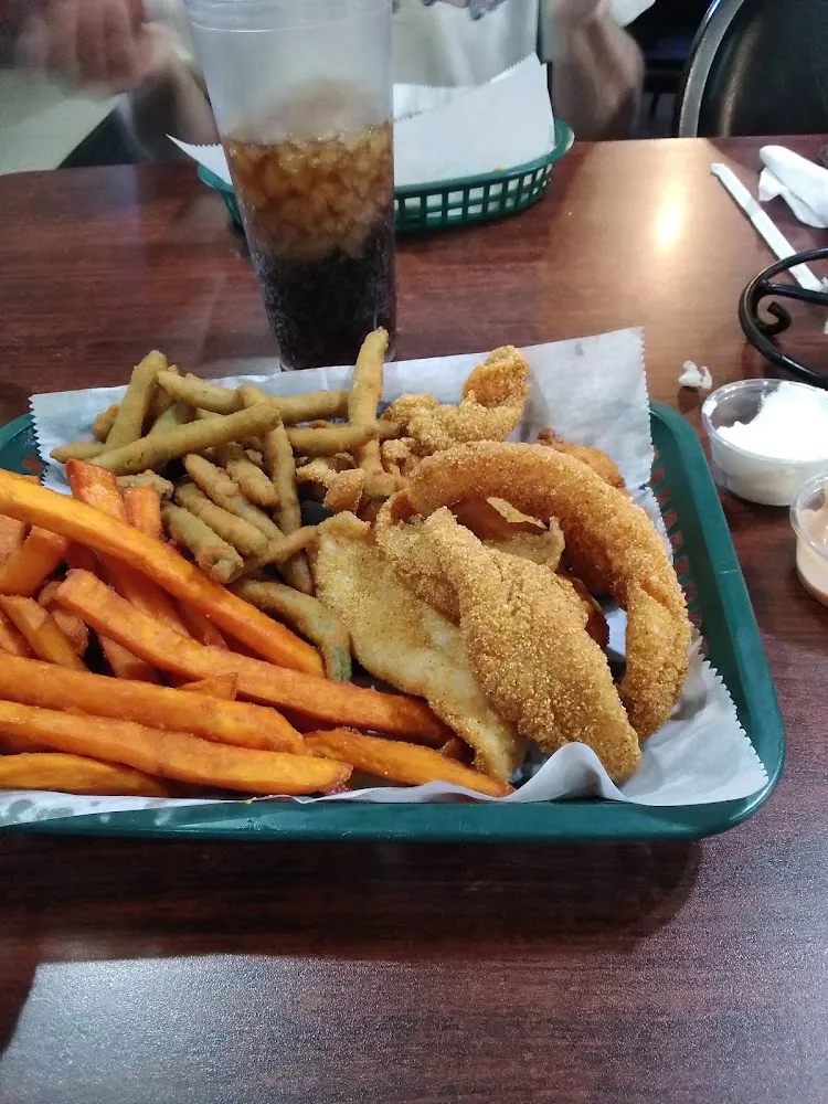Fried Catfish Fried Green Beans and Sweet Potato Fries with Marshmallow Dip